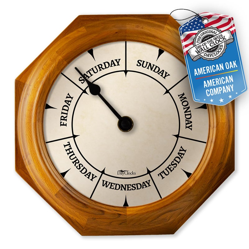 DayClocks Classic Day of The Week Wall Clock with Solid Wood Frame â€“ Calendar Day Clock â€“ Ideal Retirement Gift for Men & Women â€“ Oak, 10" - Image 1